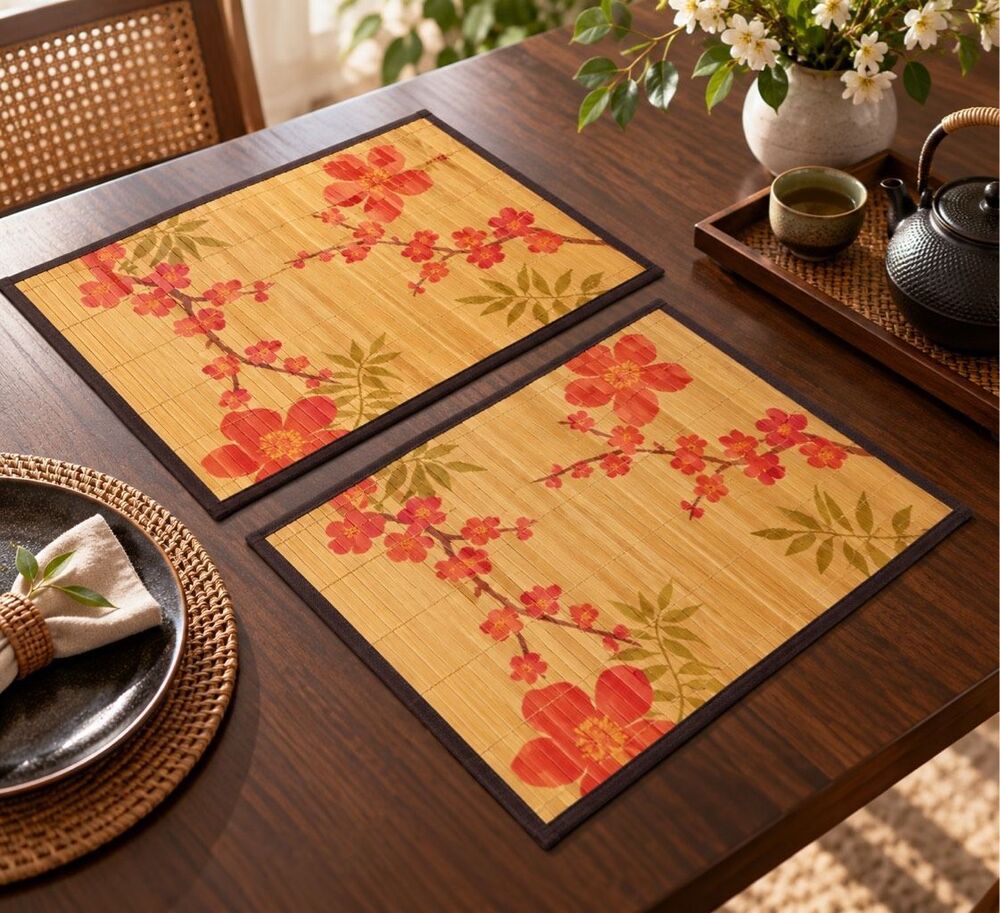Set of 2 Bamboo Placemats, Natural Anti-Slip Dining Table Mats, Heat-Resistant
